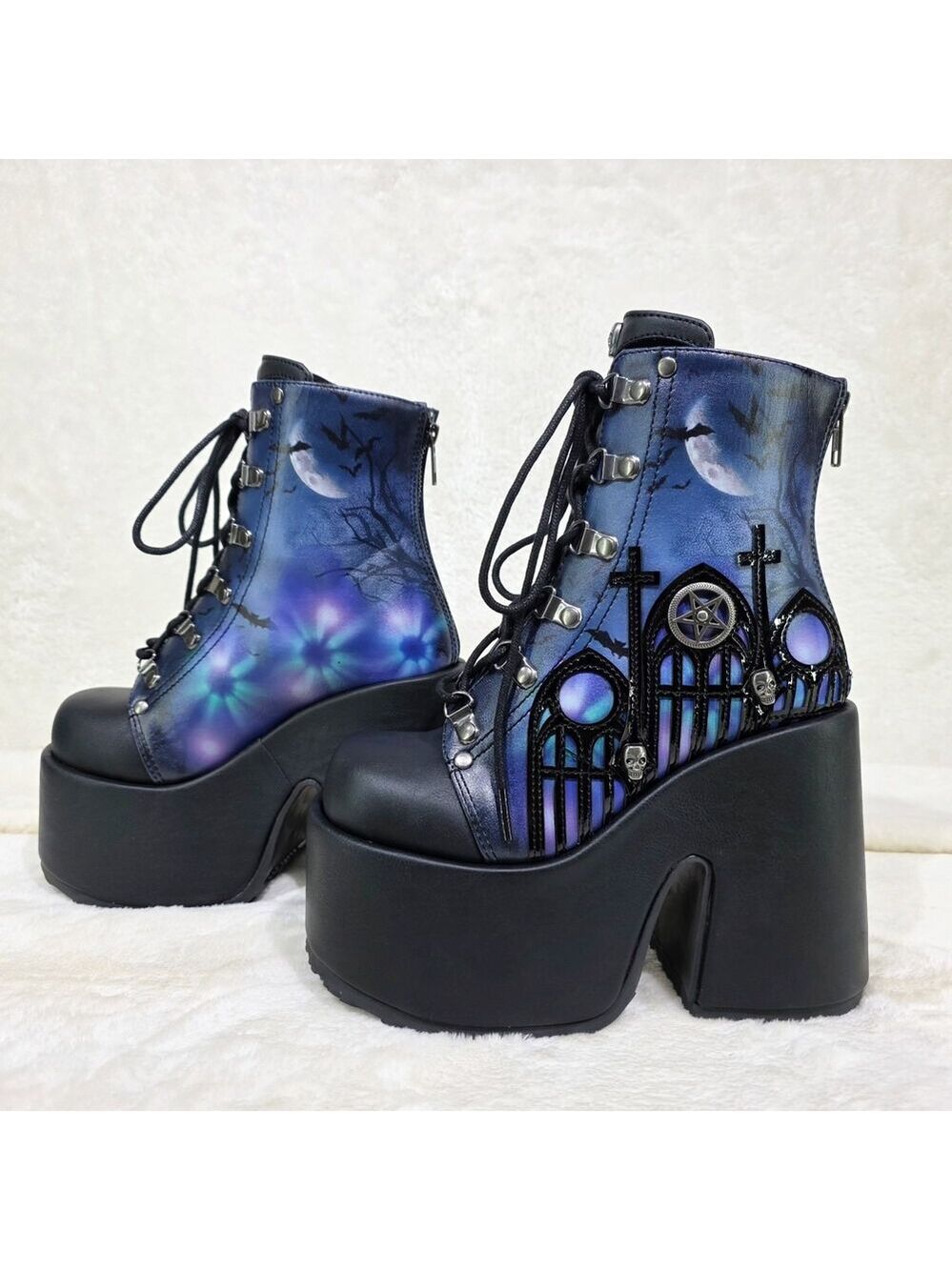 NIB NEW Camel 203 Moonlit Graveyard Print Charms Platform Goth Punk Ankle Boots - Picture 3 of 13